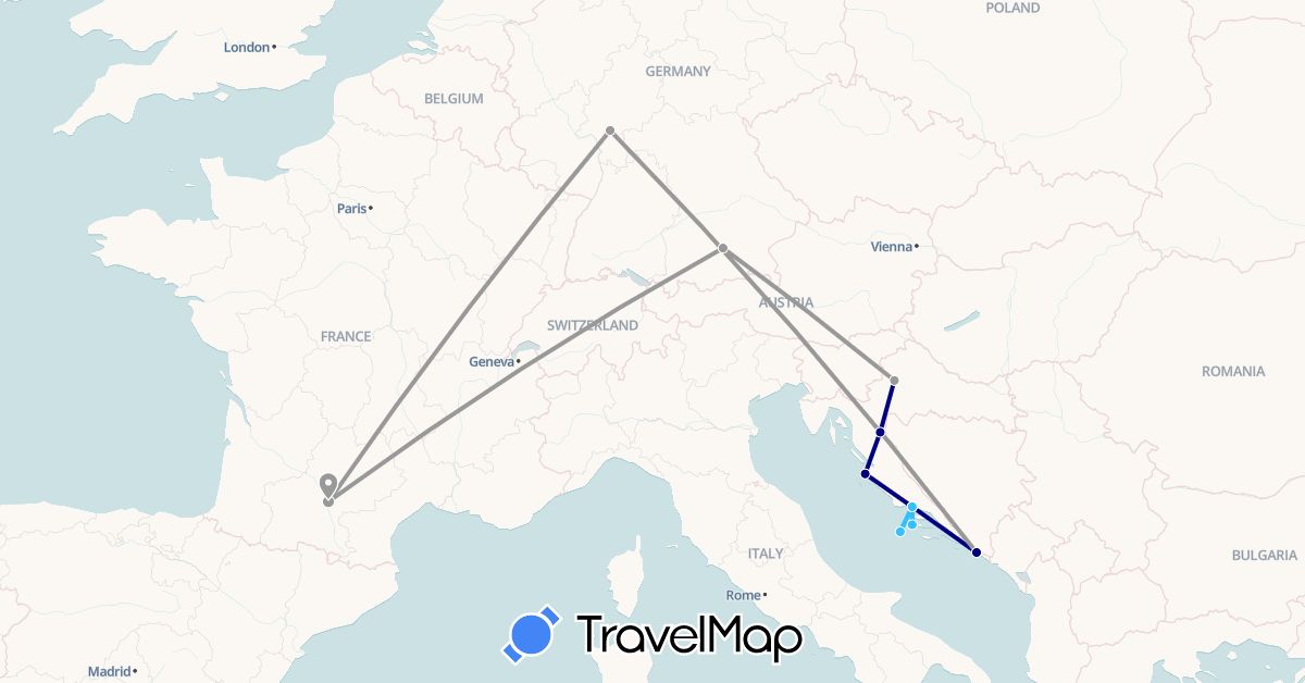 TravelMap itinerary: driving, plane, boat in Germany, France, Croatia (Europe)
